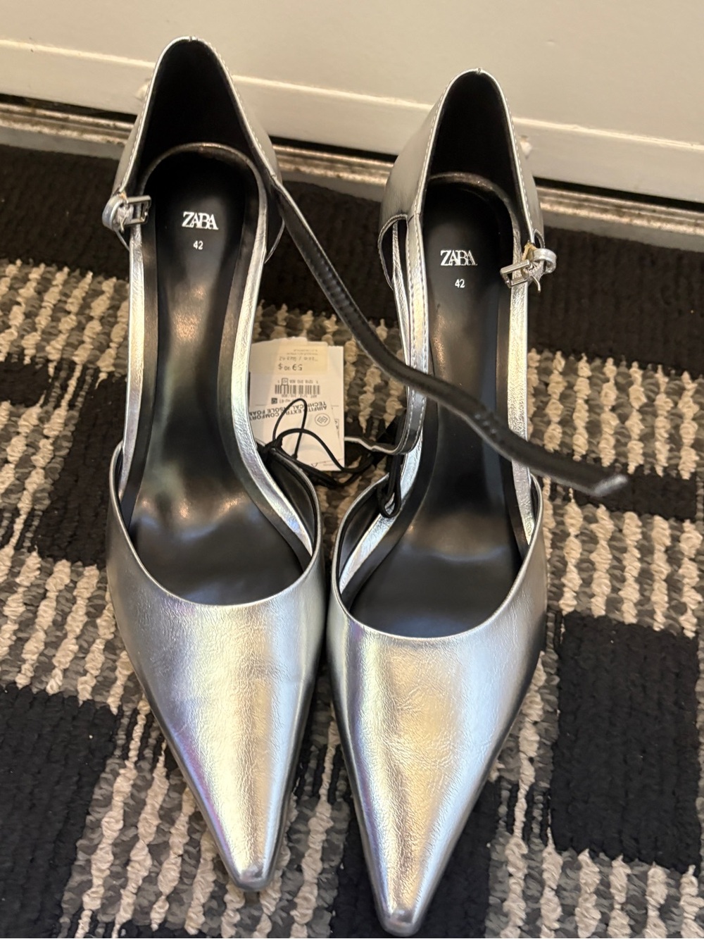 ZARA Silver Pointed-Toe Ankle-Strap Heels